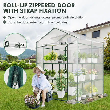 Walk-in Greenhouse with 3 Tiers 8 Shelves PVC Cover Roll-up Zippered Door - Transparent - Greenhouses