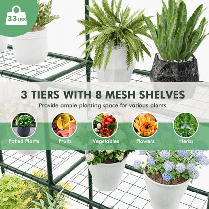 Walk-in Greenhouse with 3 Tiers 8 Shelves PVC Cover Roll-up Zippered Door - Transparent - Greenhouses
