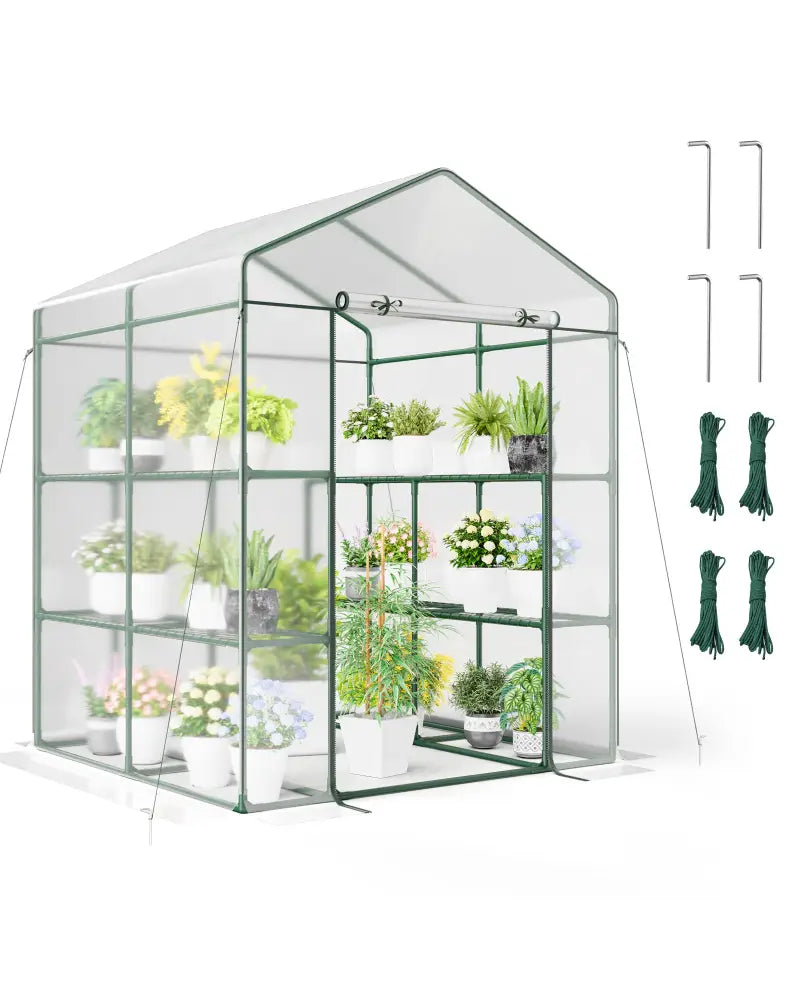 Walk-in Greenhouse with 3 Tiers 8 Shelves PVC Cover Roll-up Zippered Door - Transparent - Greenhouses