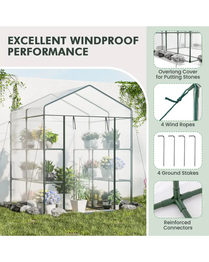 Walk-in Greenhouse with 3 Tiers 8 Shelves PVC Cover Roll-up Zippered Door - Transparent - Greenhouses