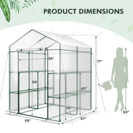 Walk-in Greenhouse with 3 Tiers 8 Shelves PVC Cover Roll-up Zippered Door - Transparent - Greenhouses