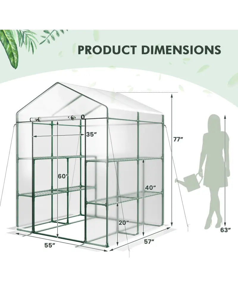 Walk-in Greenhouse with 3 Tiers 8 Shelves PVC Cover Roll-up Zippered Door - Transparent - Greenhouses