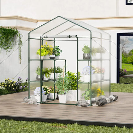 Walk-in Greenhouse with 3 Tiers 8 Shelves PVC Cover Roll-up Zippered Door - Transparent - Greenhouses