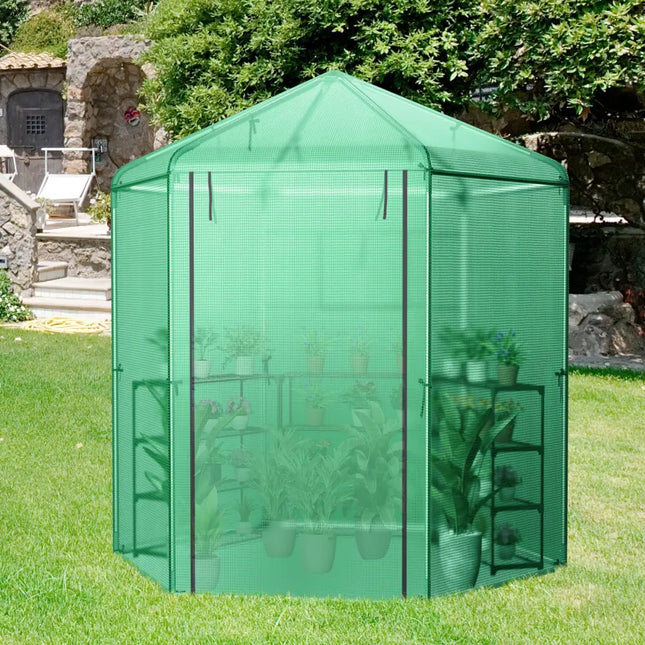 Walk-In Hexagonal Greenhouse with PE Cover and Metal Frame - Green - Greenhouses