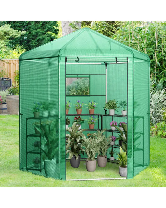 Walk-In Hexagonal Greenhouse with PE Cover and Metal Frame - Green - Greenhouses