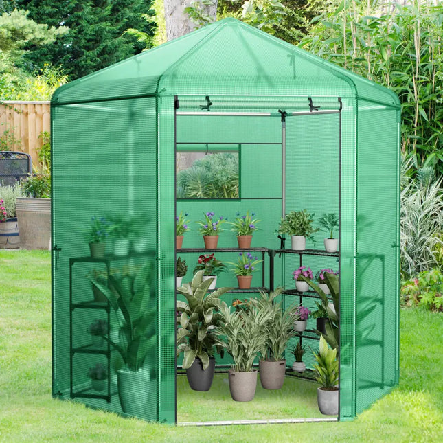 Walk-In Hexagonal Greenhouse with PE Cover and Metal Frame - Green - Greenhouses