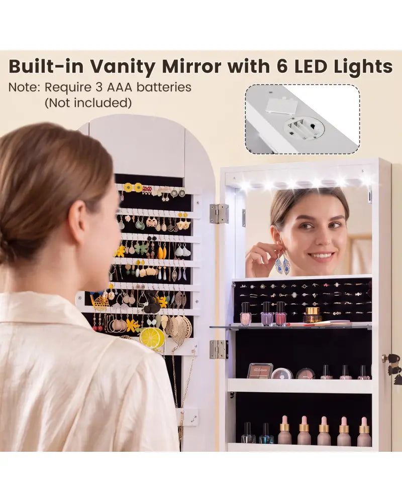 Wall and Door Mounted Mirror Jewelry Cabinet with 3-Color Adjustable Mirror-White - White - Jewelry Armoires
