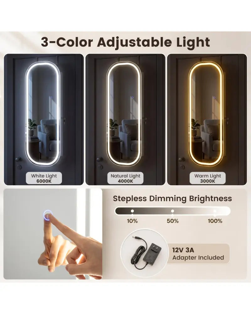 Wall and Door Mounted Mirror Jewelry Cabinet with 3-Color Adjustable Mirror-White - White - Jewelry Armoires