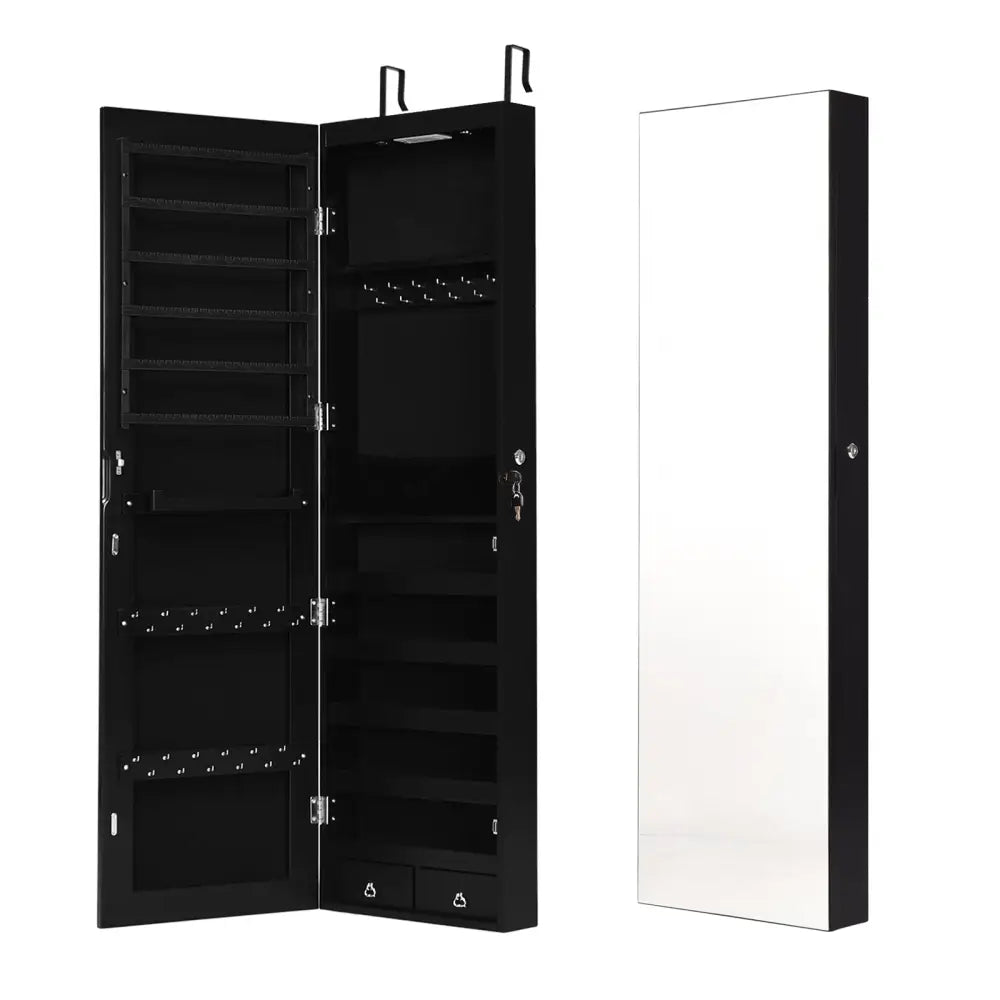Wall And Door Mounted Mirrored Jewelry Cabinet With Lights-Black - Black - Jewelry Armoires