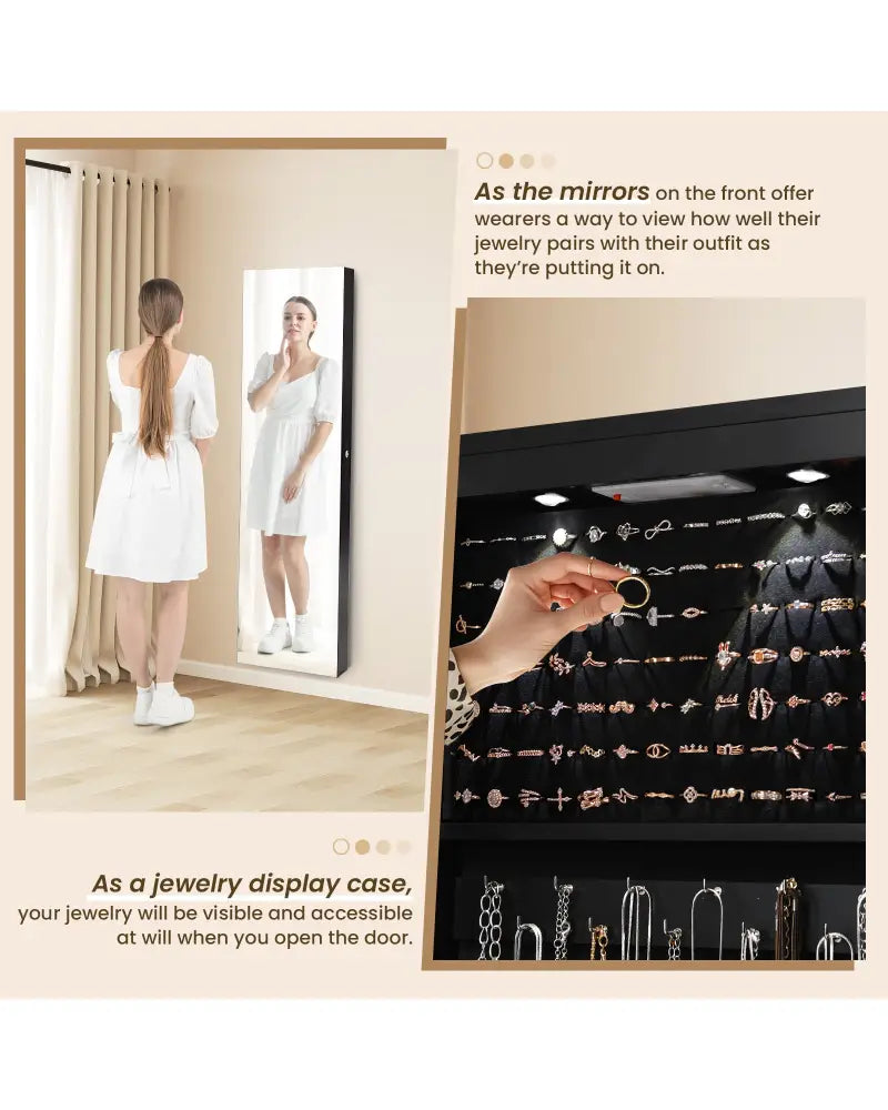 Wall And Door Mounted Mirrored Jewelry Cabinet With Lights-Black - Black - Jewelry Armoires