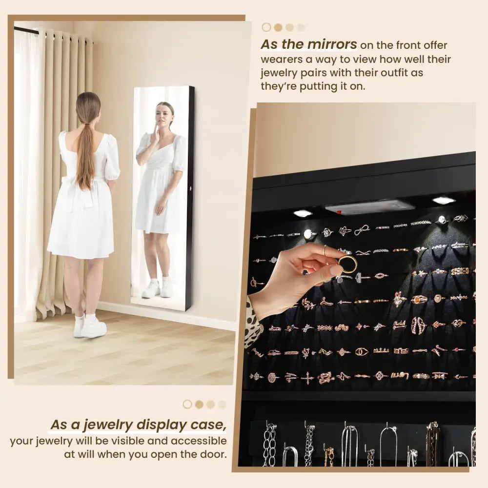 Wall And Door Mounted Mirrored Jewelry Cabinet With Lights-Black - Black - Jewelry Armoires