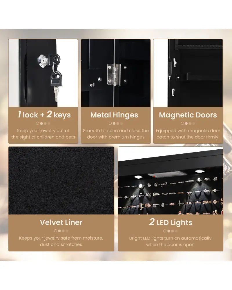 Wall And Door Mounted Mirrored Jewelry Cabinet With Lights-Black - Black - Jewelry Armoires