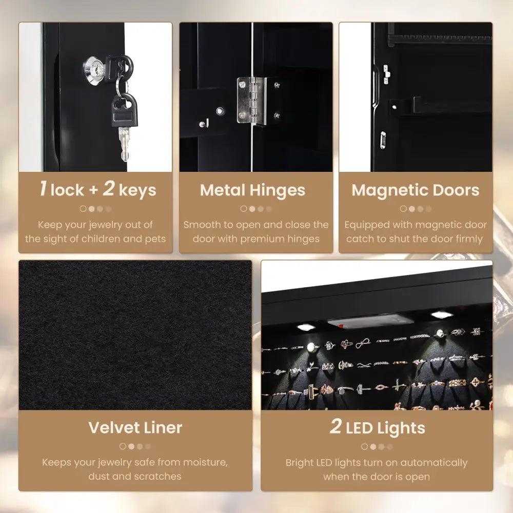 Wall And Door Mounted Mirrored Jewelry Cabinet With Lights-Black - Black - Jewelry Armoires