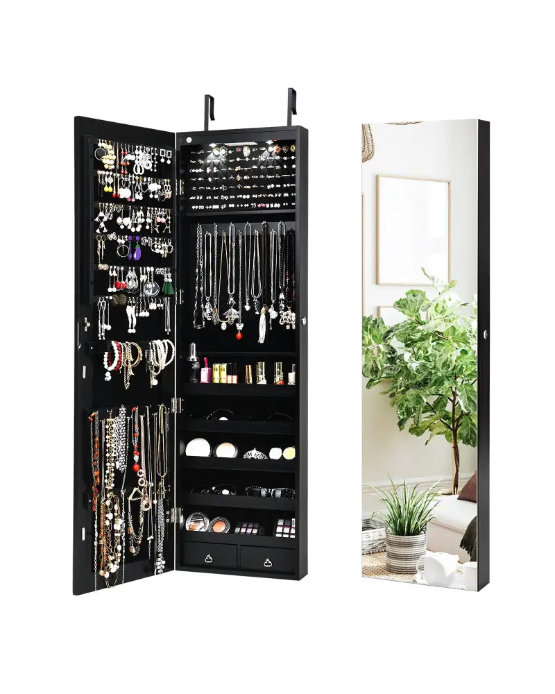 Wall And Door Mounted Mirrored Jewelry Cabinet With Lights-Black - Black - Jewelry Armoires