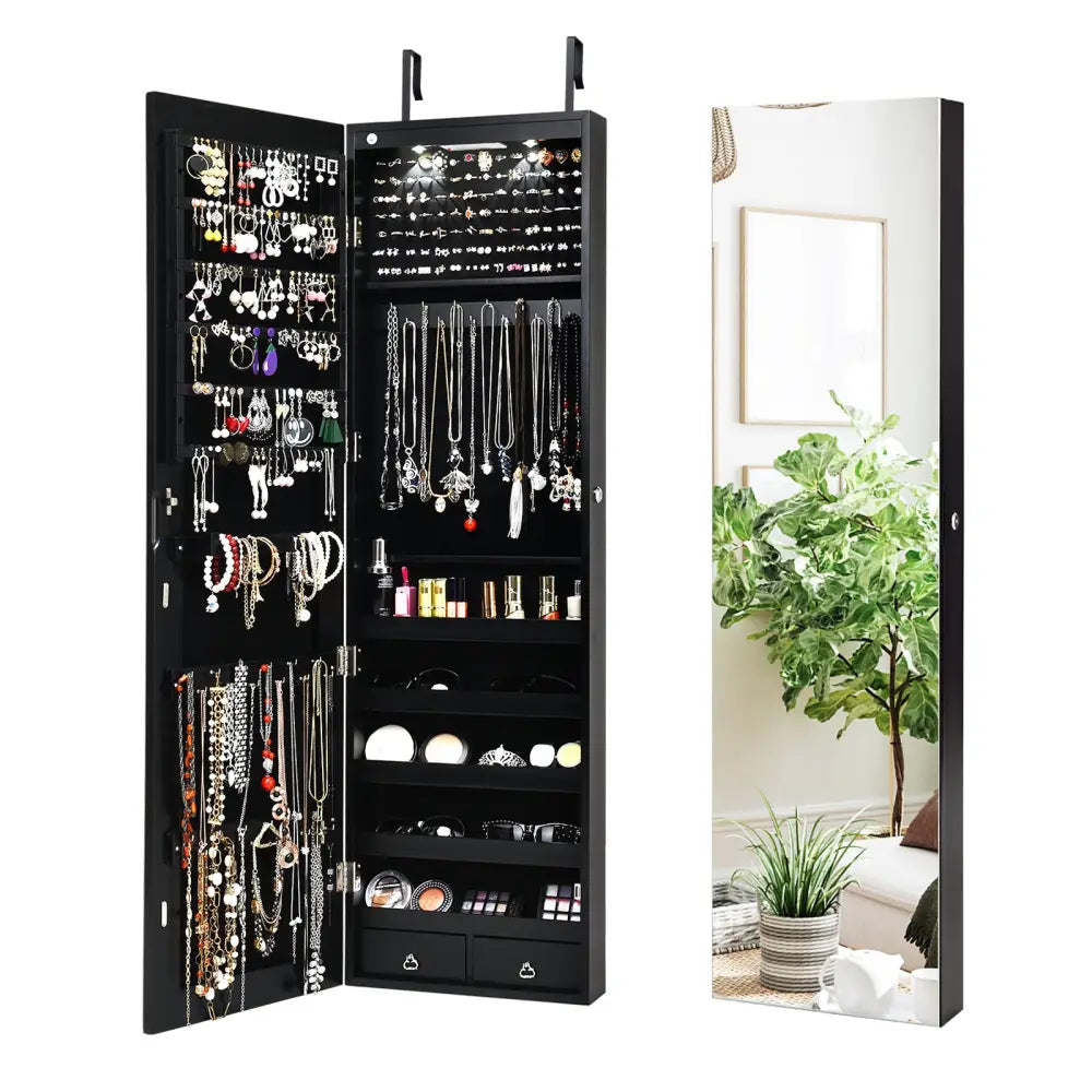 Wall And Door Mounted Mirrored Jewelry Cabinet With Lights-Black - Black - Jewelry Armoires