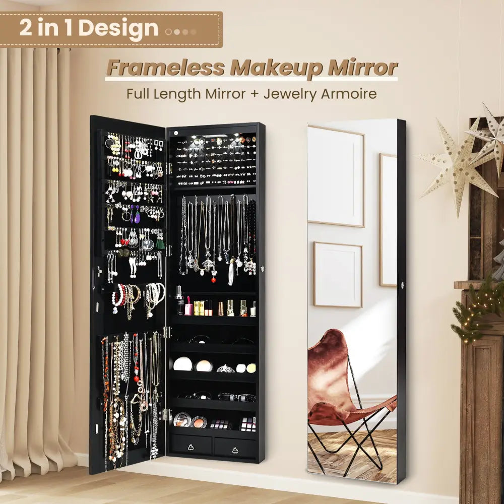Wall And Door Mounted Mirrored Jewelry Cabinet With Lights-Black - Black - Jewelry Armoires