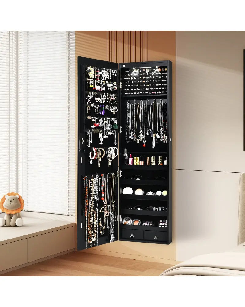Wall And Door Mounted Mirrored Jewelry Cabinet With Lights-Black - Black - Jewelry Armoires