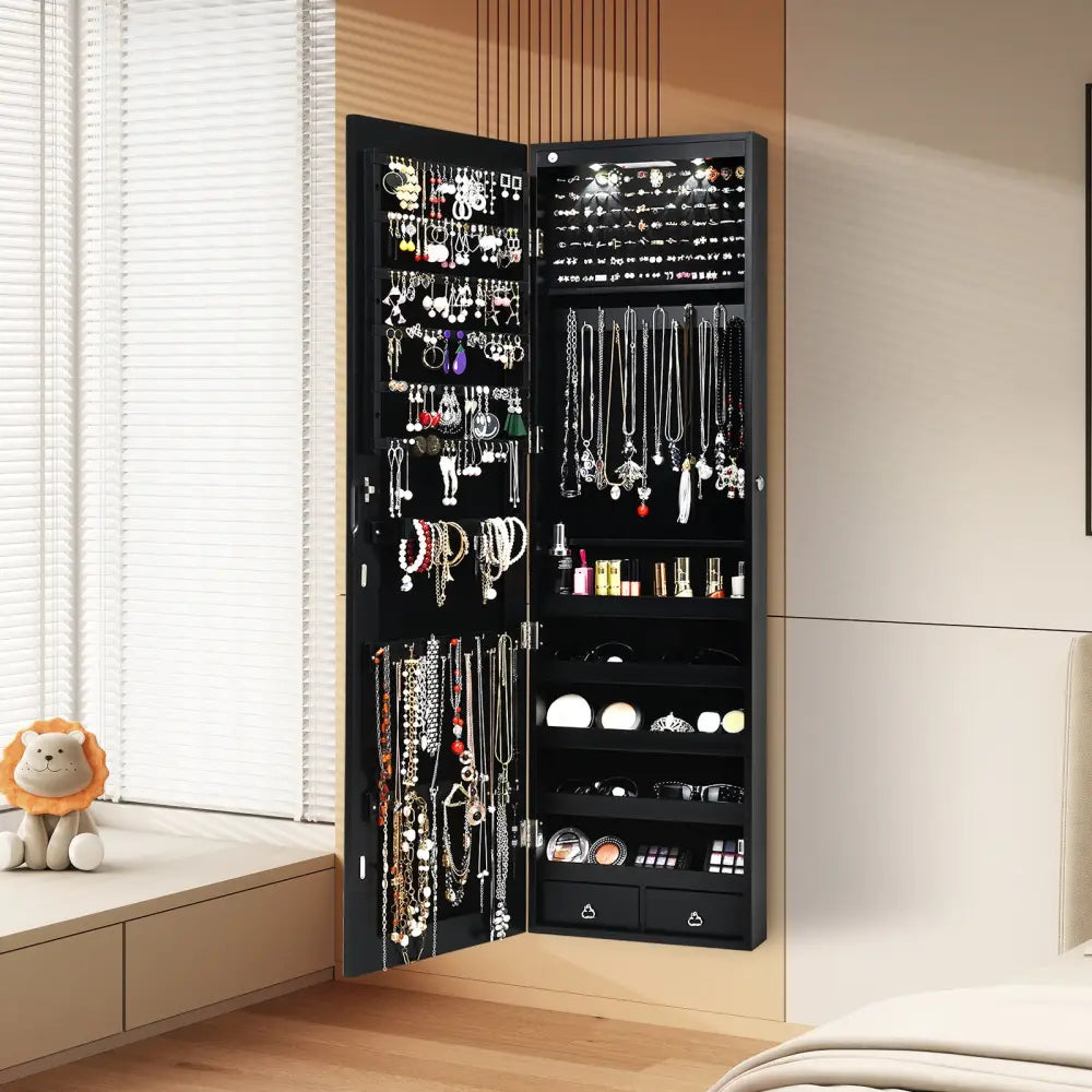 Wall And Door Mounted Mirrored Jewelry Cabinet With Lights-Black - Black - Jewelry Armoires