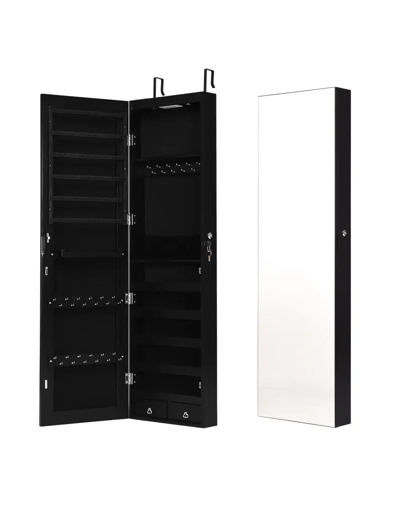 Wall And Door Mounted Mirrored Jewelry Cabinet With Lights-Black - Black - Jewelry Armoires