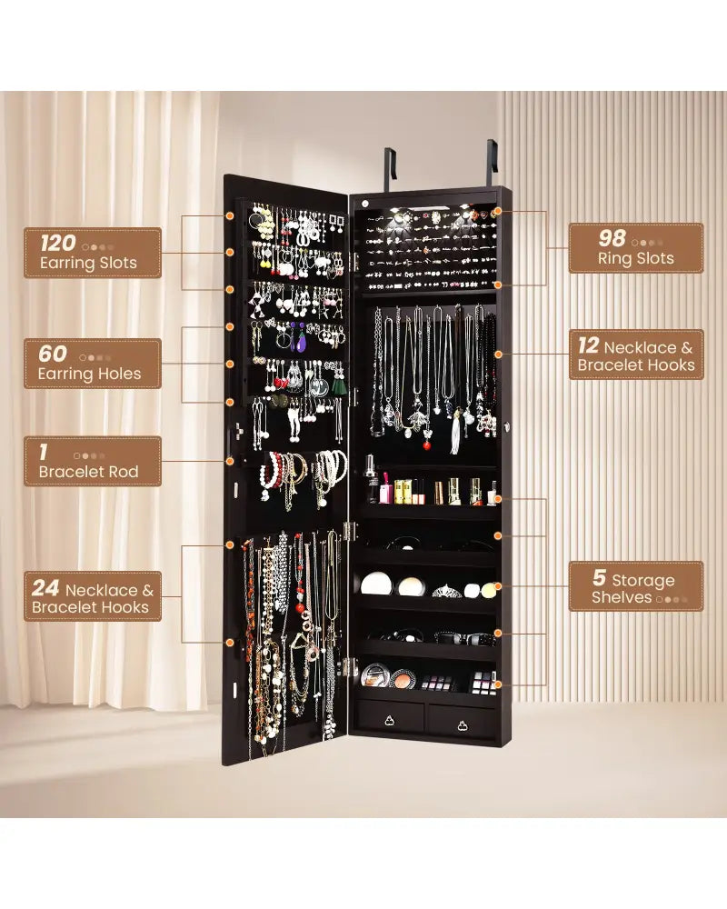 Wall And Door Mounted Mirrored Jewelry Cabinet With Lights-Brown - Brown - Jewelry Armoires