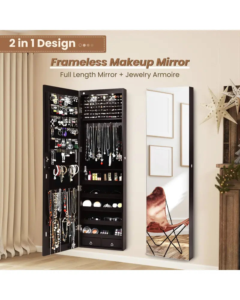 Wall And Door Mounted Mirrored Jewelry Cabinet With Lights-Brown - Brown - Jewelry Armoires