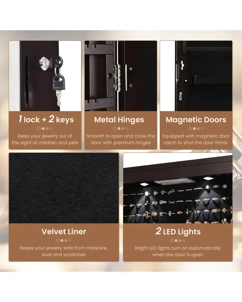 Wall And Door Mounted Mirrored Jewelry Cabinet With Lights-Brown - Brown - Jewelry Armoires