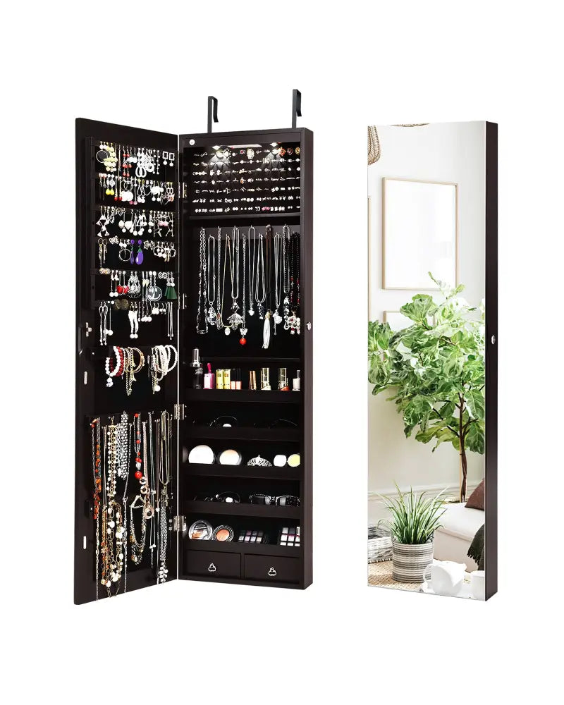 Wall And Door Mounted Mirrored Jewelry Cabinet With Lights-Brown - Brown - Jewelry Armoires