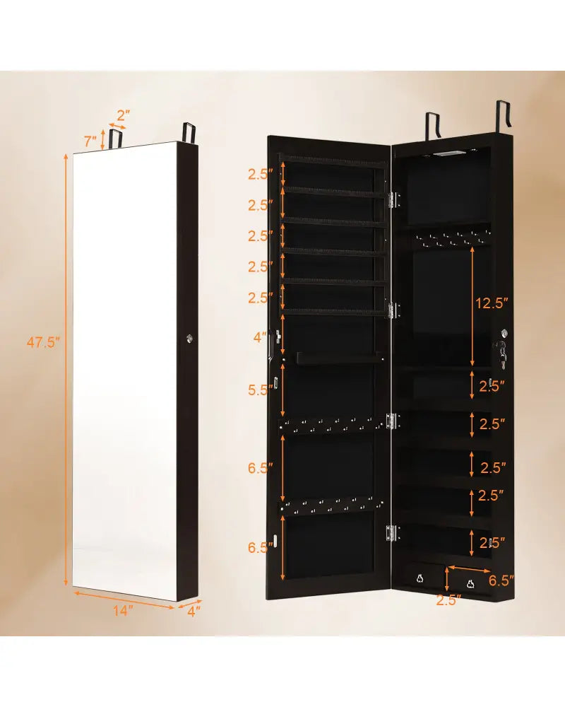 Wall And Door Mounted Mirrored Jewelry Cabinet With Lights-Brown - Brown - Jewelry Armoires