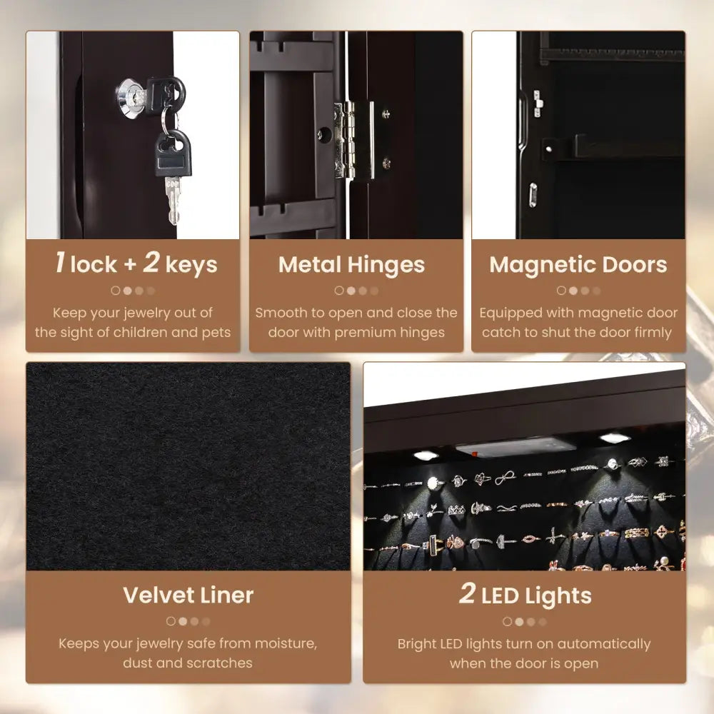 Wall And Door Mounted Mirrored Jewelry Cabinet With Lights-Brown - Brown - Jewelry Armoires