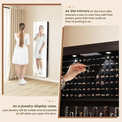 Wall And Door Mounted Mirrored Jewelry Cabinet With Lights-Brown - Brown - Jewelry Armoires