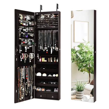 Wall And Door Mounted Mirrored Jewelry Cabinet With Lights-Brown - Brown - Jewelry Armoires