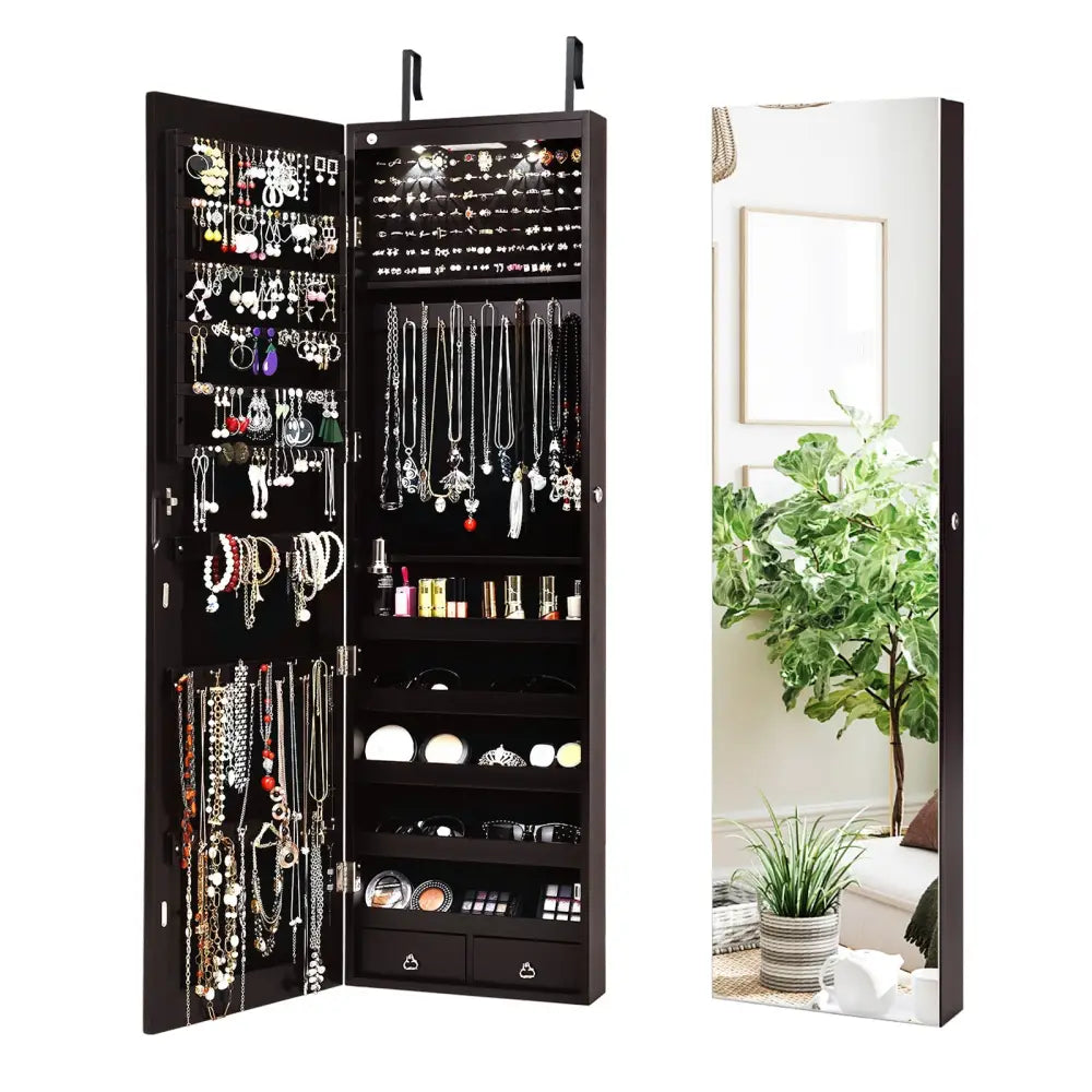 Wall And Door Mounted Mirrored Jewelry Cabinet With Lights-Brown - Brown - Jewelry Armoires