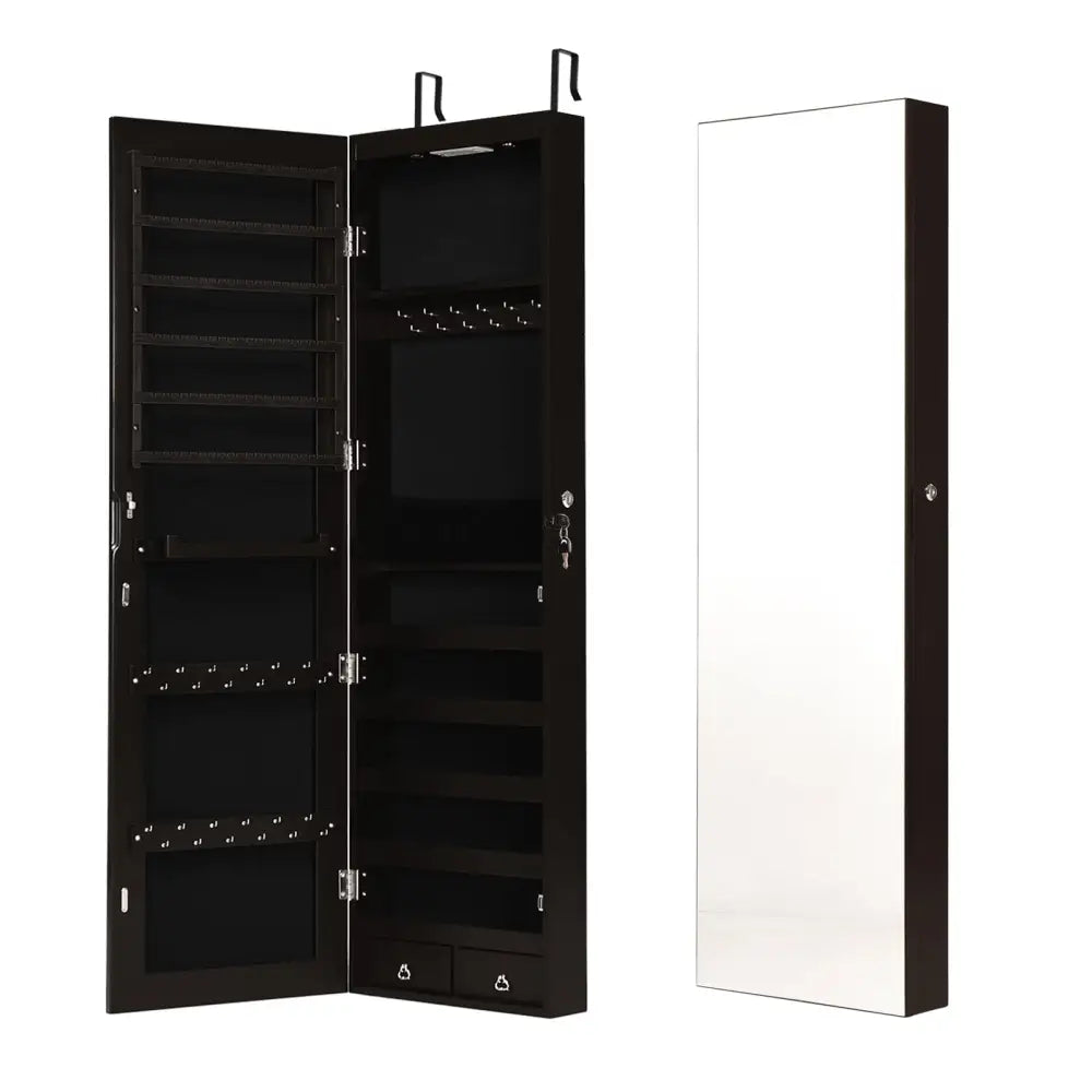 Wall And Door Mounted Mirrored Jewelry Cabinet With Lights-Brown - Brown - Jewelry Armoires
