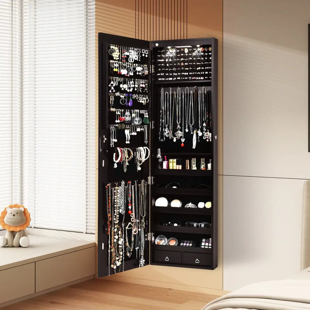 Wall And Door Mounted Mirrored Jewelry Cabinet With Lights-Brown - Brown - Jewelry Armoires