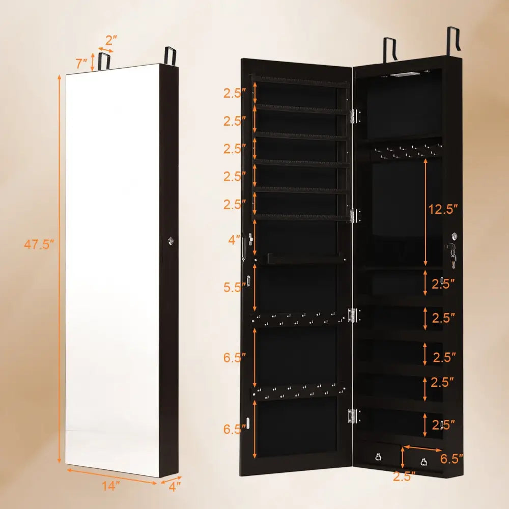 Wall And Door Mounted Mirrored Jewelry Cabinet With Lights-Brown - Brown - Jewelry Armoires