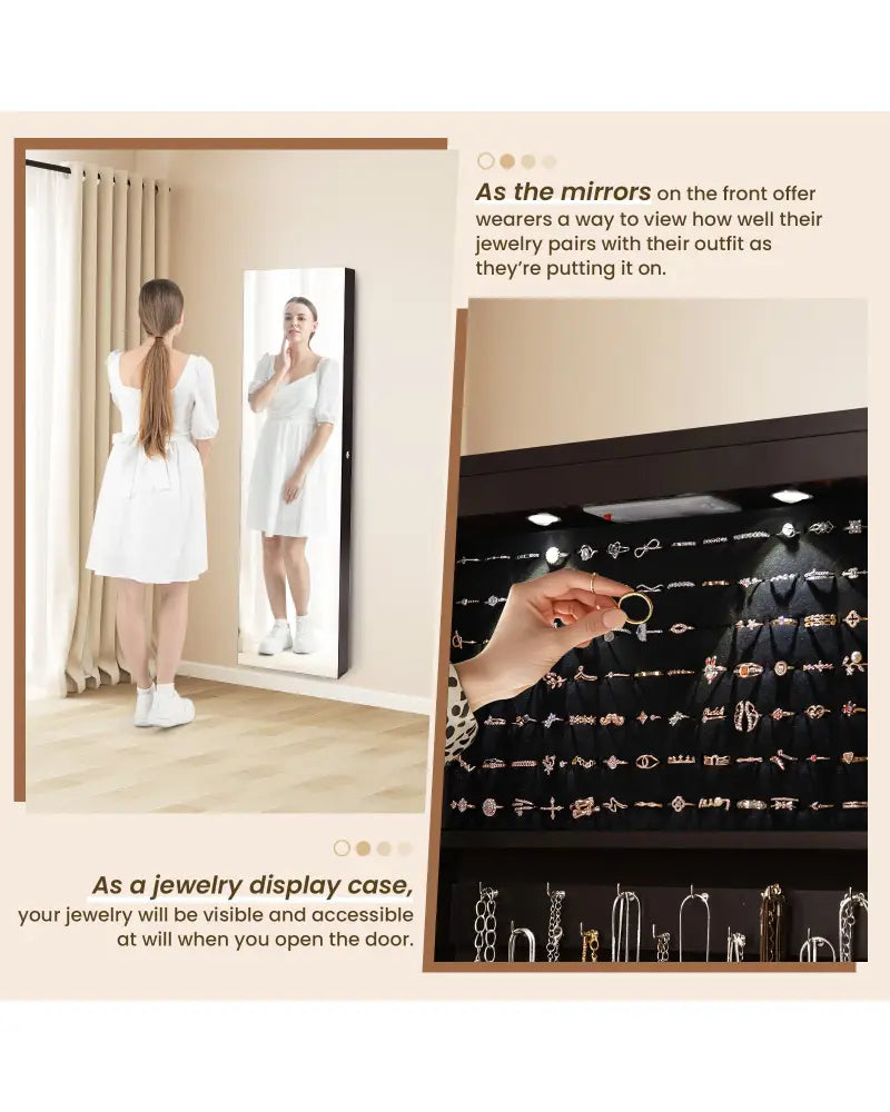 Wall And Door Mounted Mirrored Jewelry Cabinet With Lights-Brown - Brown - Jewelry Armoires