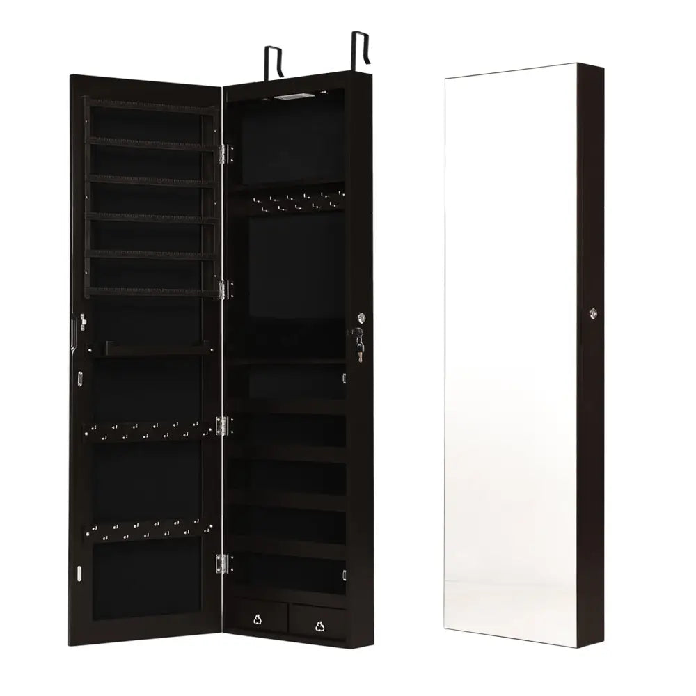 Wall And Door Mounted Mirrored Jewelry Cabinet With Lights-Brown - Brown - Jewelry Armoires