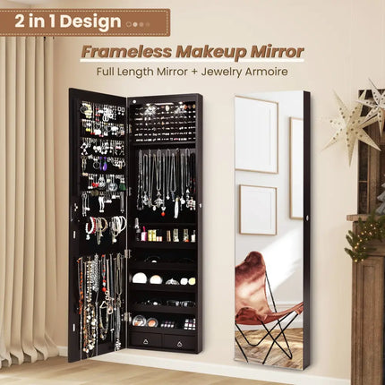 Wall And Door Mounted Mirrored Jewelry Cabinet With Lights-Brown - Brown - Jewelry Armoires