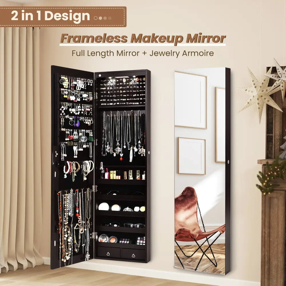 Wall And Door Mounted Mirrored Jewelry Cabinet With Lights-Brown - Brown - Jewelry Armoires