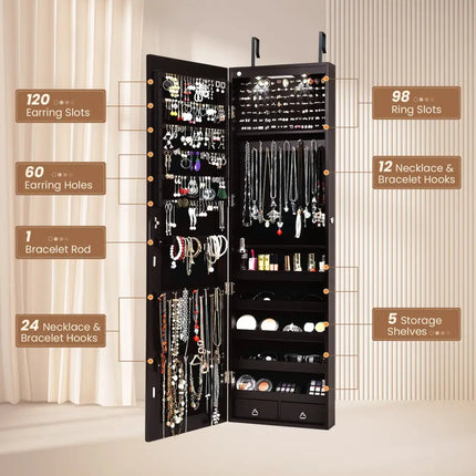 Wall And Door Mounted Mirrored Jewelry Cabinet With Lights-Brown - Brown - Jewelry Armoires