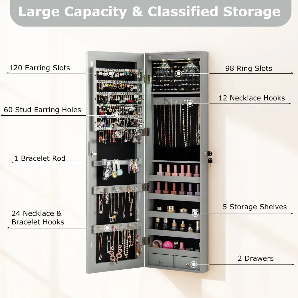 Wall and Door Mounted Mirrored Jewelry Cabinet with Lights-Gray - Gray - Jewelry Armoires