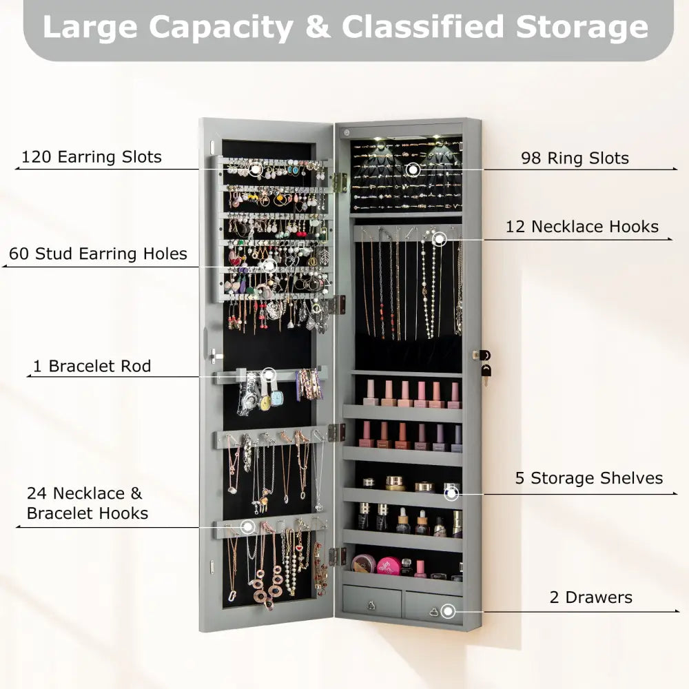 Wall and Door Mounted Mirrored Jewelry Cabinet with Lights-Gray - Gray - Jewelry Armoires