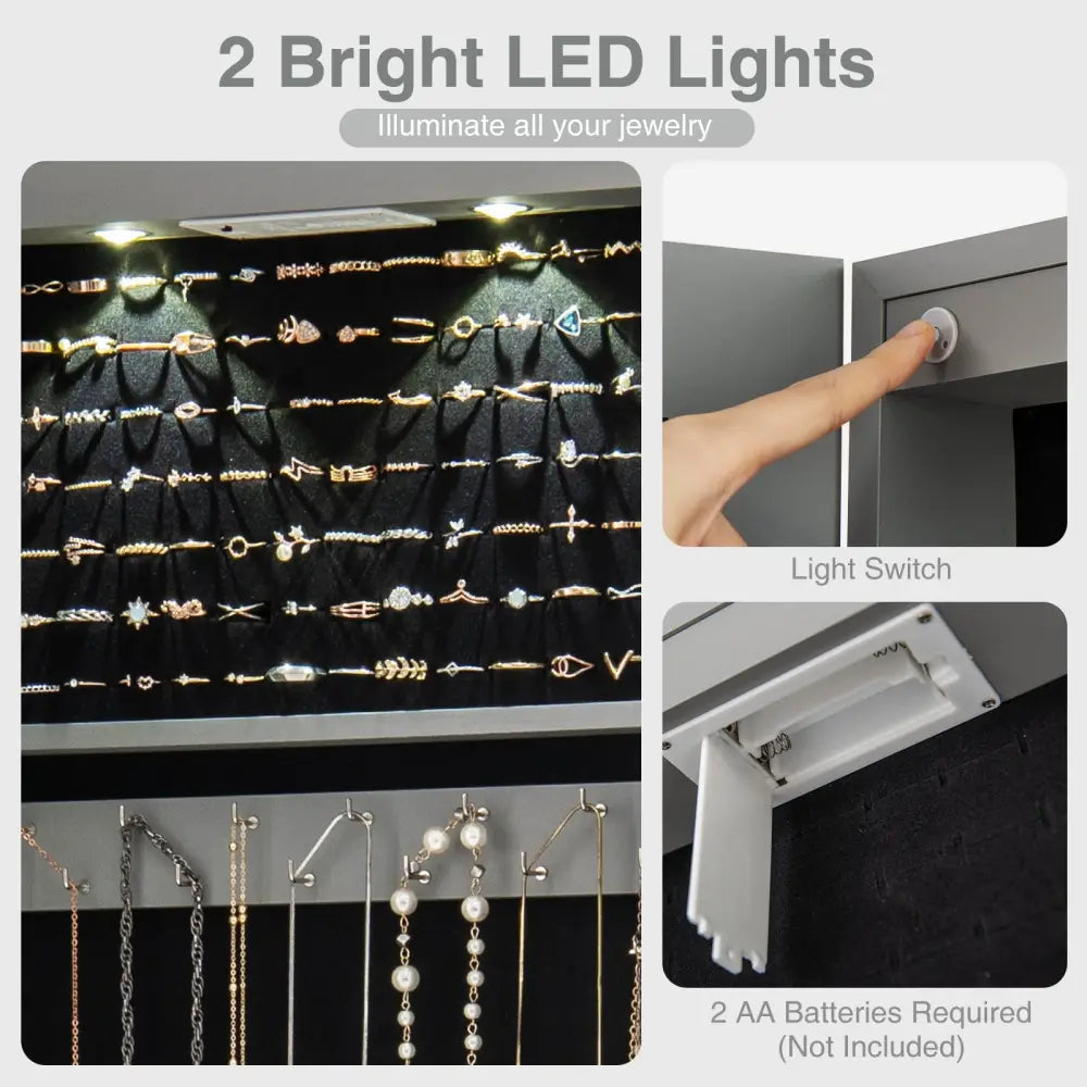 Wall and Door Mounted Mirrored Jewelry Cabinet with Lights-Gray - Gray - Jewelry Armoires