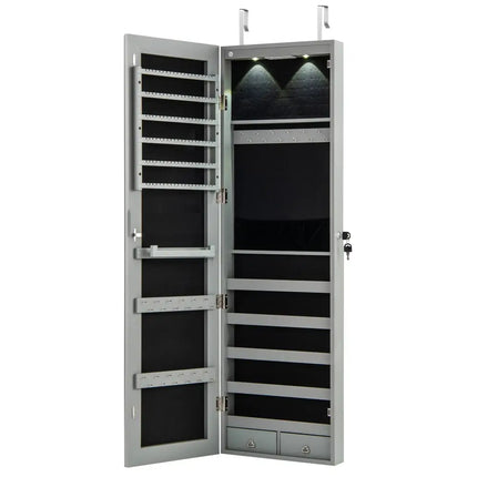 Wall and Door Mounted Mirrored Jewelry Cabinet with Lights-Gray - Gray - Jewelry Armoires