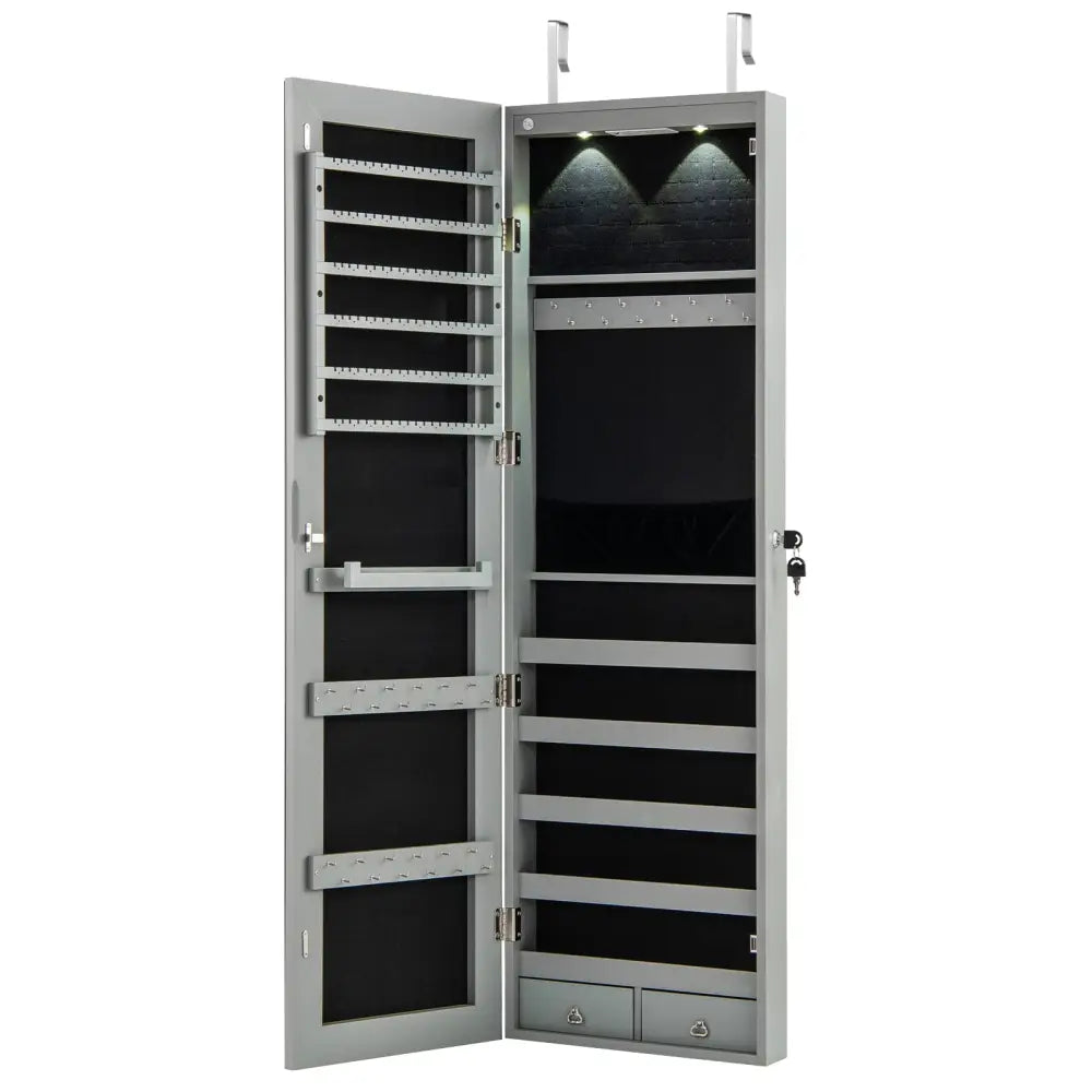 Wall and Door Mounted Mirrored Jewelry Cabinet with Lights-Gray - Gray - Jewelry Armoires