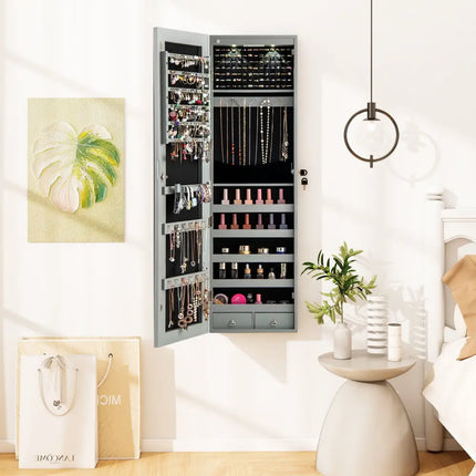 Wall and Door Mounted Mirrored Jewelry Cabinet with Lights-Gray - Gray - Jewelry Armoires