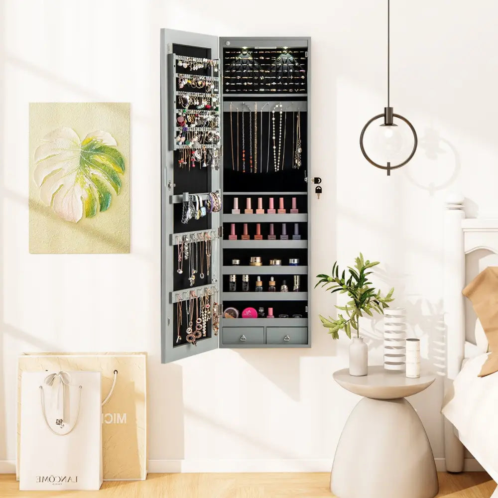 Wall and Door Mounted Mirrored Jewelry Cabinet with Lights-Gray - Gray - Jewelry Armoires