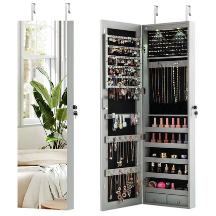 Wall and Door Mounted Mirrored Jewelry Cabinet with Lights-Gray - Gray - Jewelry Armoires