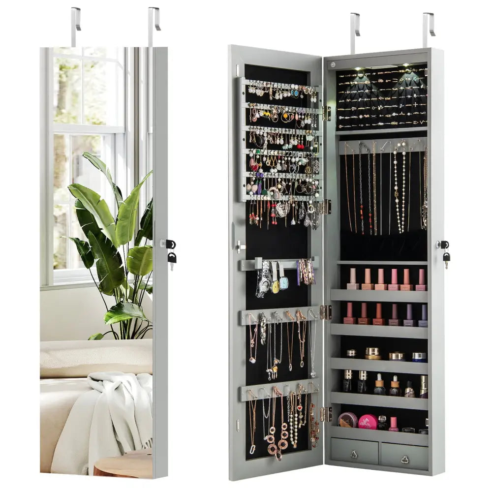 Wall and Door Mounted Mirrored Jewelry Cabinet with Lights-Gray - Gray - Jewelry Armoires