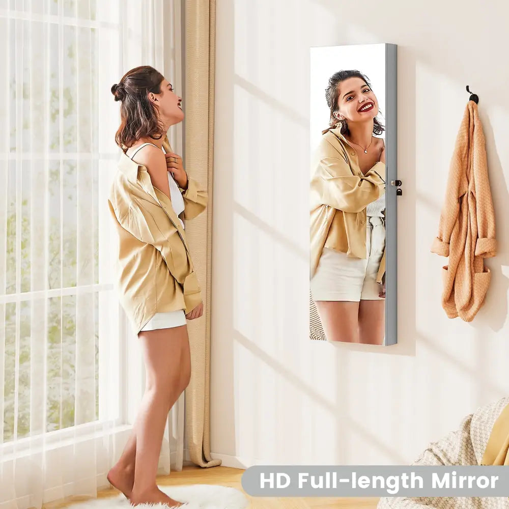 Wall and Door Mounted Mirrored Jewelry Cabinet with Lights-Gray - Gray - Jewelry Armoires
